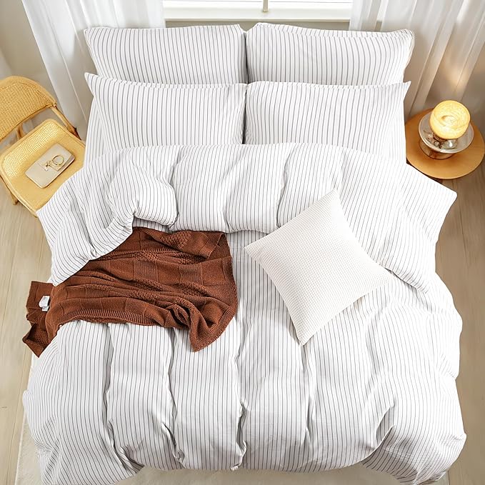 NEXHOME PRO Striped Duvet Cover Queen Size,100% Washed Cotton Bedding Set,Textured Linen Feel,Breathable,Organic,3 Piece(Grey Stripes 90x90)