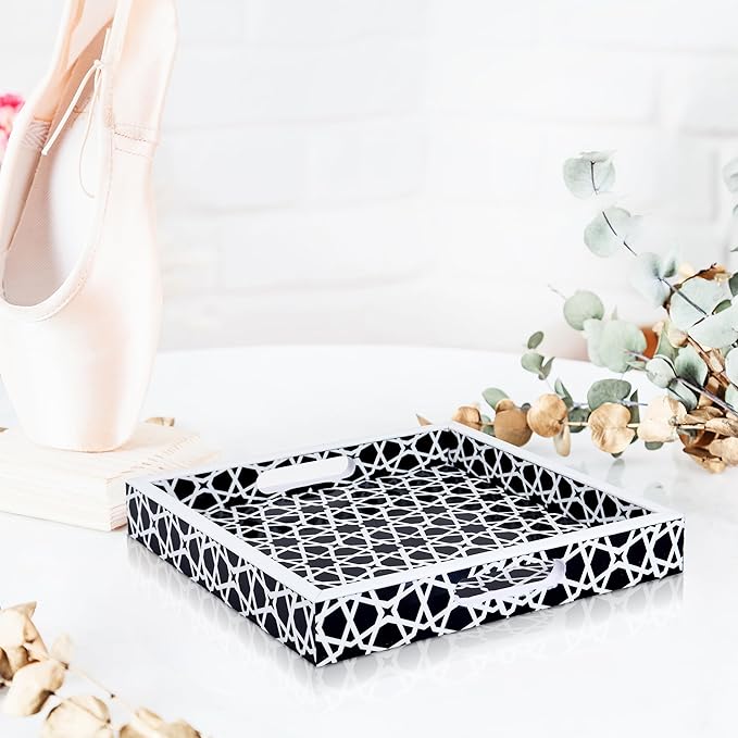 Handicrafts Home 12x12 Ottoman Tray with Handles, Black White Zellij Pattern Decorative Tray, Wood & Resin Inlay Square Coffee Table Serving Tray for Centerpiece, Vanity, Boho Modern Home Decor