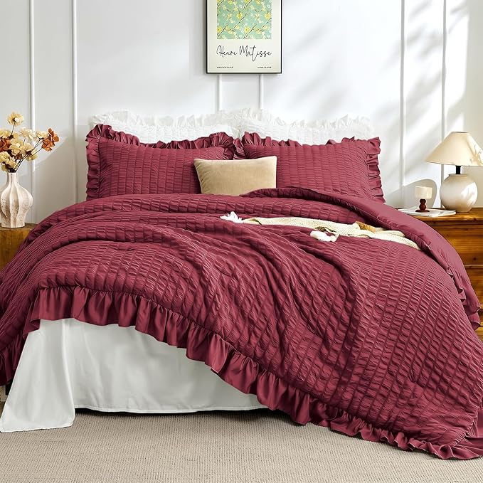JOLLYVOGUE Full Size Comforter, 3 Pieces Burgundy Seersucker Lightweight Full Size Bedding, All Season Fluffy Microfiber Bedding Comforter Set with 1 Ruffle Comforter and 2 Ruffle Pillowshams