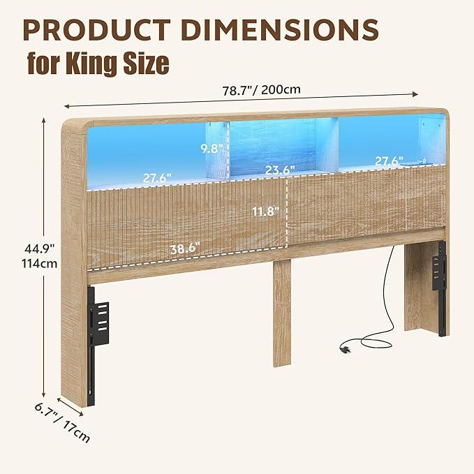 King Headboard Only, 78.7" Wide Wooden Headboard King Size with Storage, Modern Farmhouse Head Board with Outlets & USB Ports, Wall Mounted Headboards with Color-Changing LED, Natural