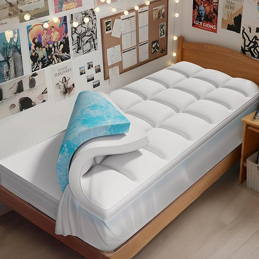 Dual Layer 4 Inch Memory Foam Twin XL Mattress Topper for College Dorm, 2 Inch Cooling Gel Memory Foam and 2 Inch Down Alternative Pillow Top Mattress Pad Cover 8-24 Inch Deep Pocket