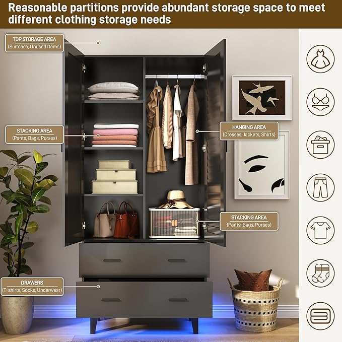 jiteentarou 2 Door Armoire Wardrobe Closet Cabinet with Drawers and LED Lights, Multi-Tier Shelves, Hanging Rod & 2 Louver Doors, Large Capacity Storage Wardrobe Armoire for Bedroom(2 Doors Black)