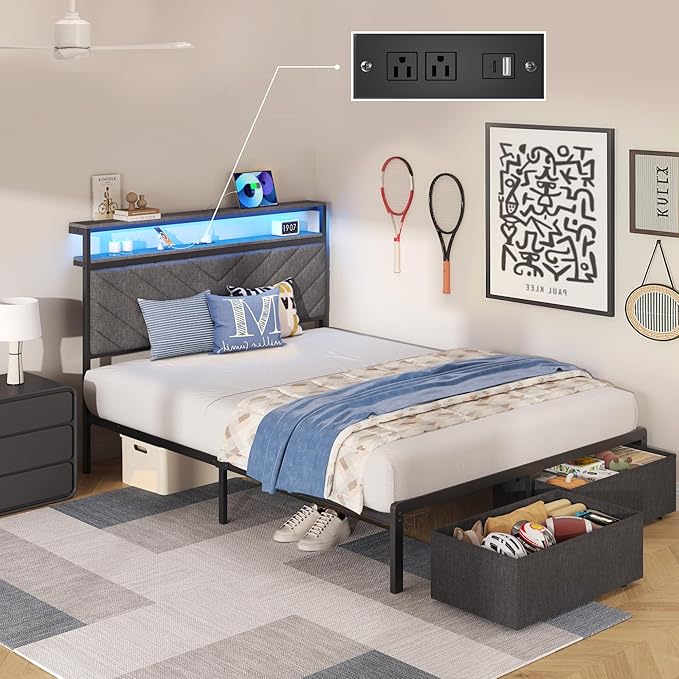HISOFT Full Bed Frame with Charging Station, LED Lights & 2 Storage Drawers, Grey Platform Bed with Upholstered Headboard, Under-Bed Storage, No Box Spring Needed, Easy Assembly, Strong Support