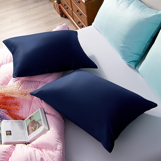 NTBAY Zippered Satin Pillow Cases for Hair and Skin, Luxury King Hidden Zipper Pillowcases Set of 2, 20x36 Inches, Navy Blue