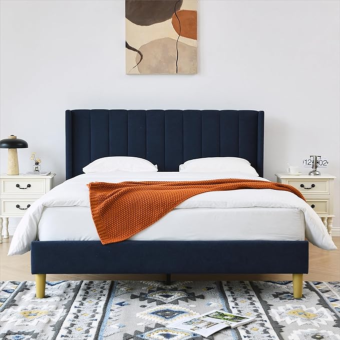 YUHUASHI upholstered Platform Bed Frame/Queen Bed Frame/Modern Geometric Double-Wing Design headboard/Linen Fabric/Easy to Assemble no Noise (Navy Blue, Queen (U.S. Standard))