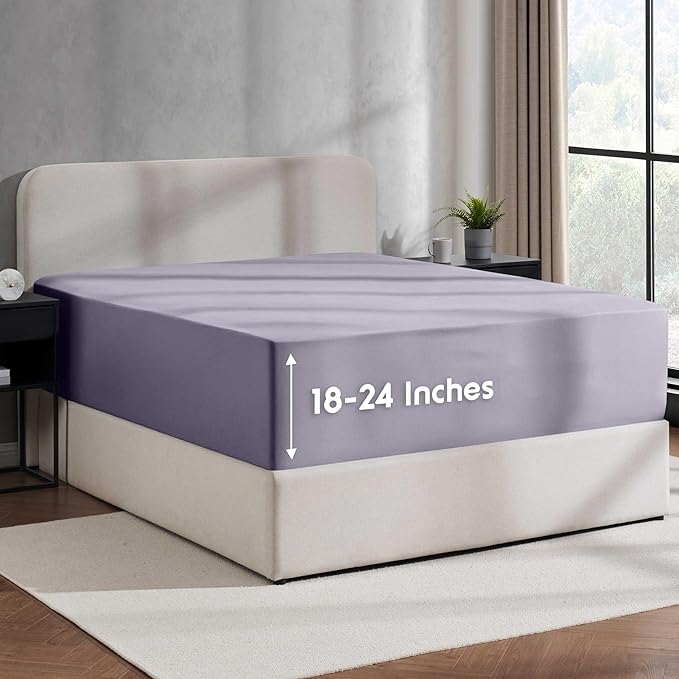 Nestl 2 Pack Dusty Purple Fitted Sheet Extra Deep Pocket, Hotel Luxury Cal King Fitted Sheet Only Easily Fits 18 to 24 Inch Mattress, Super Soft, Wrinkle-Free and Breathable with Corner Straps