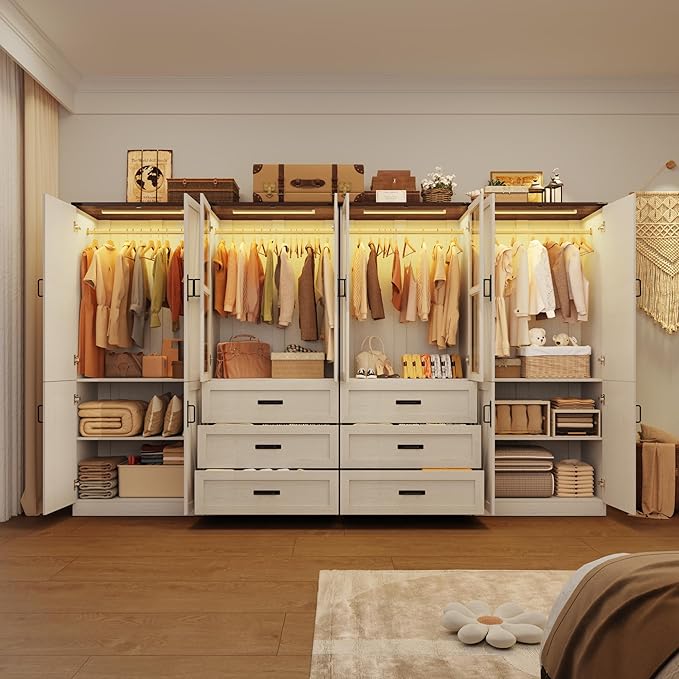 75" Tall Farmhouse 8 Doors Armoire Wardrobe Closet with 6 Drawers and LED,Freestanding Closet Wardrobe Cabinet for Bedroom with Hanging Rod,Wooden Armoire Storage Cabinet(Rustic Off White 8 Doors)