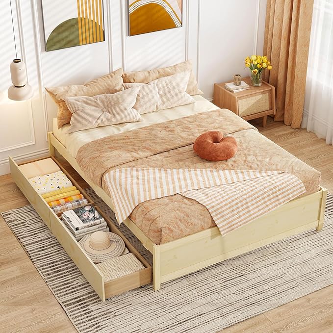 Giantex Queen Size Bed Frame with 2 Storage Drawers, Solid Wood Platform Bed with Slats Support, Heavy Duty Daybed with Storage, No Box Spring Needed, Queen Bed Frames for Teens Adults, Natural