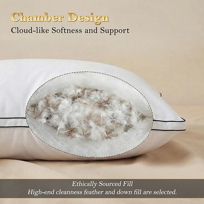 Feather Pillows Standard Size Set of 2 Goose Down Pillows with 100% Breathable Cotton Cover, Hotel Collection Bed Pillows for Sleeping, Soft Support for Back, Stomach and Side Sleepers