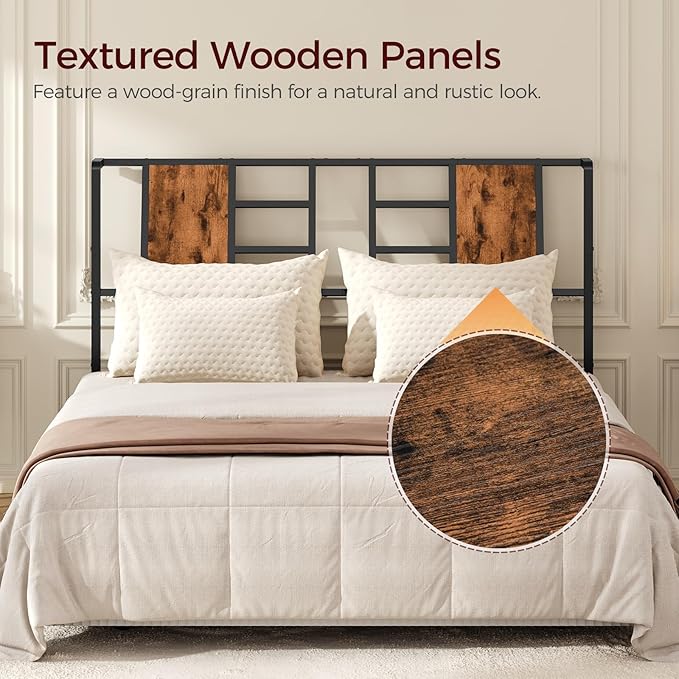 MAHANCRIS Headboard Queen Size Only, Industrial Metal Bed Headboard with Adjustable Feet and Compatible Adapters, Fits Most Bed Frames, Rustic Brown and Black