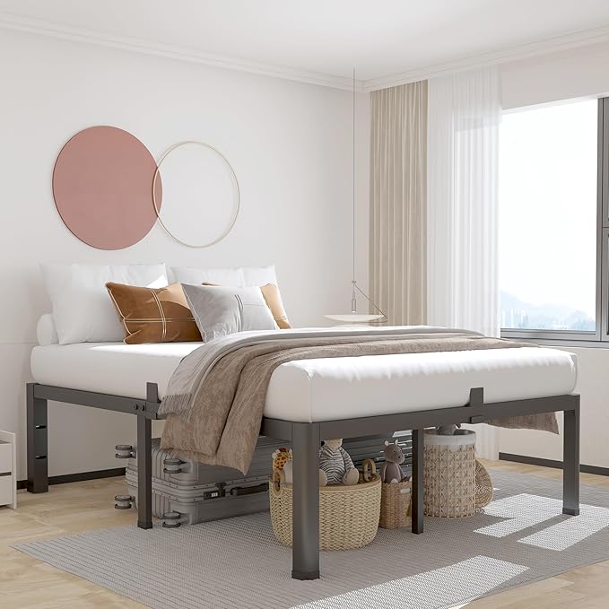 ROIL 16 Inch Full Bed Frame with Rounded Corner and Headboard Hole Mattress Retainers 3500LBS Metal Heavy Duty Steel Slats No Box Spring Needed Platform Noise-Free Easy Assembly