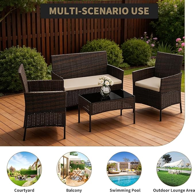 4-Piece Patio Furniture Set, Outdoor Wicker Conversation Set with Tempered Glass Coffee Table, Heavy Duty PE Rattan Sectional Sofa & Washable Cushions for Backyard, Deck, Poolside (Black Rattan/Beige)