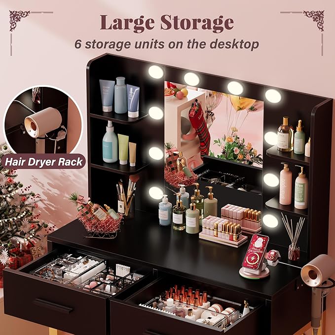 Furmax Vanity Desk with Mirror and LED Light Bulb, Small Makeup Vanity Table with Drawers, Dressing Table with Power Outlet and Hair Drayer Holder for Bedroom (Black & Gold)
