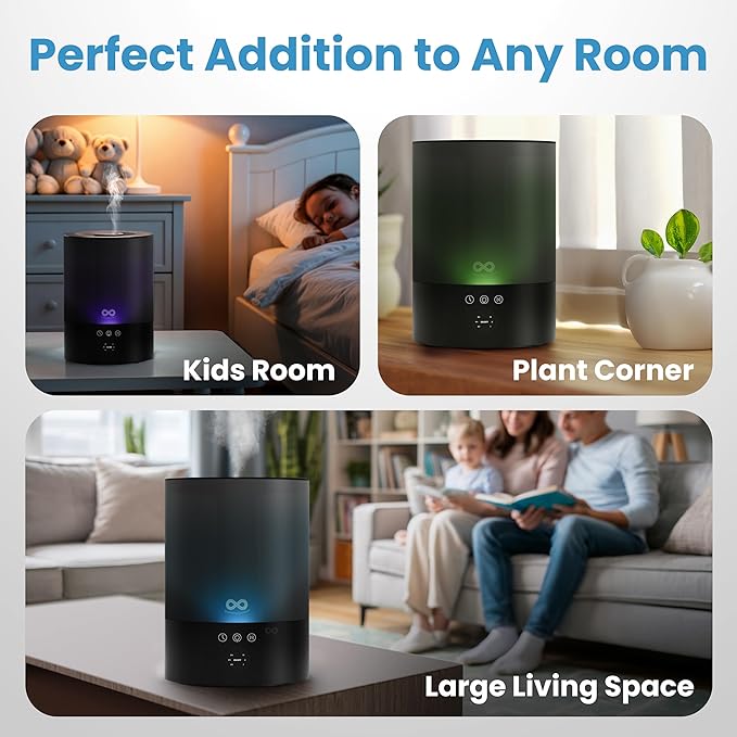 Everlasting Comfort 2.5L Top Fill Humidifier for Bedroom – Quiet, Easy to Fill & Clean, 24HR Runtime, Night Lights, Timer, Ultrasonic Cool Mist, Auto Shut-Off for Indoor Use - Black