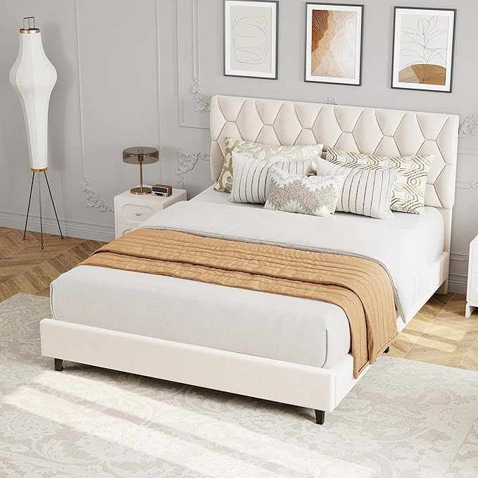 GarveeHome Queen Size Platform Bed Frame with Upholstered Headboard and Wooden Slats Support, Upholstered Mattress Foundation/No Box Spring Needed/Easy Assembly, Beige