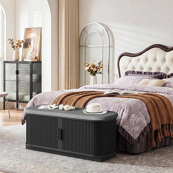CHOEZON Shoe Storage Bench, Entryway Bench with Storage, Shoe Bench with Cushion and Sliding Door, Fluted Storage Bench, Entry Bench for Entryway, Hallway, Living Room, Bedroom, Black and Gray MHX02BB