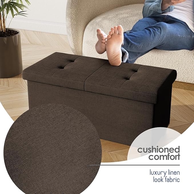 Storage Ottoman Bench with Bins, 30-in Storage Bench for Bedroom End of Bed, Folding Foot Rest Ottoman for Living Room Max 660lbs, Fabric Ottomans, Brown
