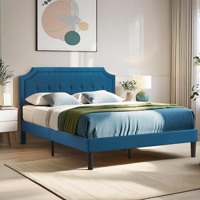 VECELO Queen Upholstered Platform Bed Frame with Adjustable Button Stitched Panel Headboard,Strong Wood Slat Support,Velcro Design,Mattress Foundation/Easy Assembly,Blue