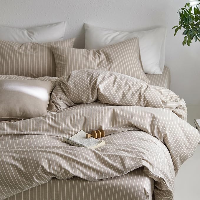 MooMee Striped Duvet Cover Set 100% Washed Cotton Linen Like Textured Breathable Durable Soft Comfy (Tannish Linen Grey White Wide Stripes, Queen 90"x90")