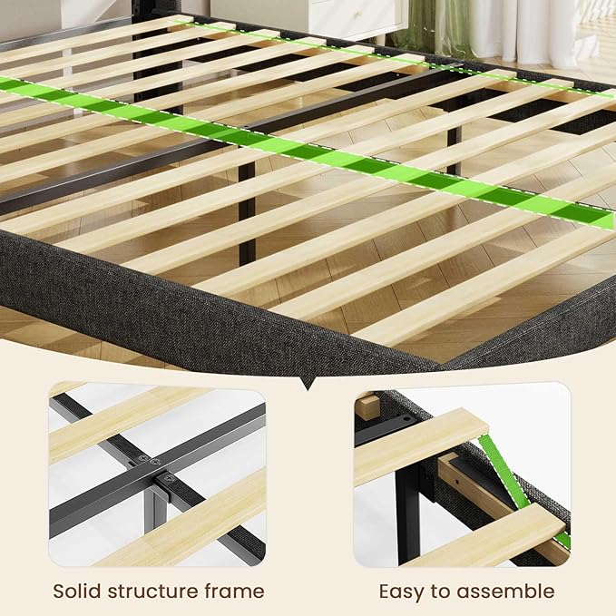 Driftalia LED Queen Bed Frame with 2 Storage Drawers, Upholstered Bed Frame Queen Size with Headboard and Charging Station, No Box Spring Needed, Easy to Assembly-Dark Grey