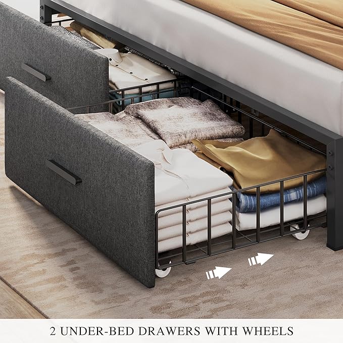 YITAHOME King Size with 2 Storage Drawers and Charging Station, Linen Upholstered Platform Bed with Storage Headboard and LED Light, Heavy Duty Metal Support, No Box Spring Needed, Noise Free, Grey