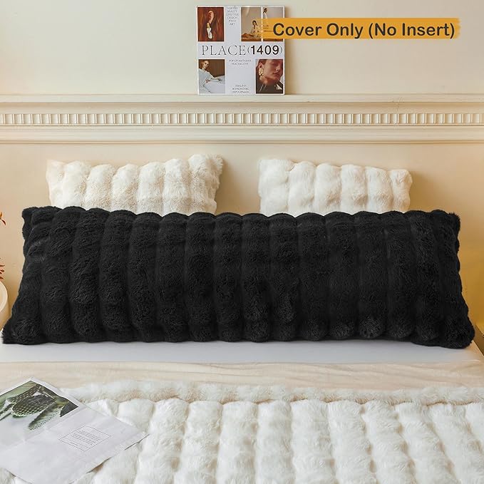 LIFEREVO Fluffy Faux Rabbit Fur Body Pillow Cover, Luxury Bubble Waffle Shaggy Plush Bed Body Pillowcase with Zipper Closure, Long 20"x54" Fuzzy Furry Pillow Case for Adults Kids Girls Teens, Black