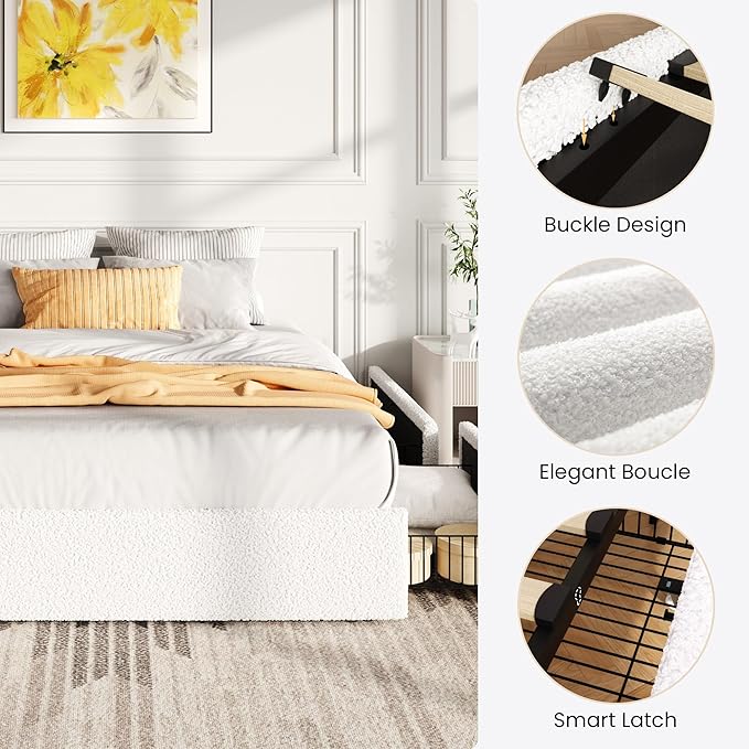 SHA CERLIN Boucle Queen Bed Frame with 4 Spacious Drawers, Platform Bed with Soft Teddy Fabric Upholstery, Sturdy Wooden Slats Support, No Box Spring Needed, Noise Free, Easy Assembly, White