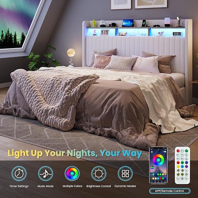 SHA CERLIN King Size Lift Up Storage Bed Frame/LED Lights/Charging Station/2-Tier Shelves Headboard/USB,Type-C Ports/Velvet Upholstered/Hydraulic Support/No Box Spring Needed/Noise Free/White