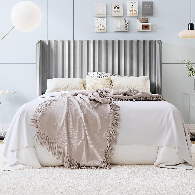 SHA CERLIN Queen Size Corduroy Upholstered Platform Bed Frame with Vertical Channel Tufted Wingback Headboard, 8" Under Bed Storage, Wooden Slats & Metal Frame Support, Easy Assembly, Light Grey