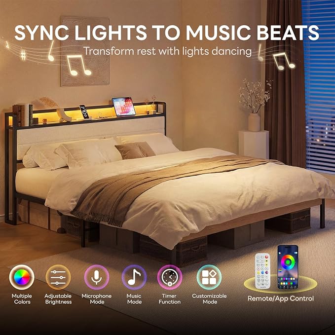 LIKIMIO King Size Bed Frame, Storage Headboard with LED Lights and Charging Station, Metal Platform Bed No Box Spring Needed, Noise Free, Under Bed Storage, Natural and Cream