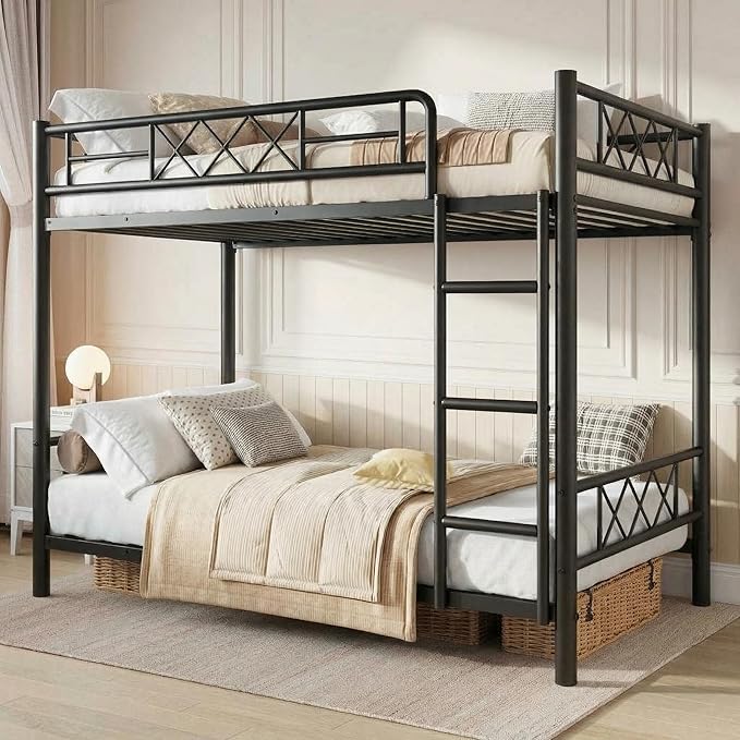 Garvee Bunk Bed Twin Over Twin for Adults & Teens, Heavy Duty 2-Tier Bed with Stairs, Full-Length Guardrail & Metal Slats, No Box Spring Required, Space Saving, Matte Black