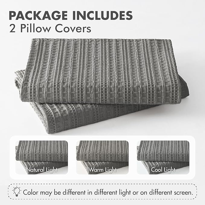 100% Cotton Waffle Pillow Shams Standard Size, 2 Pack 20x26 Decorative Pillow Covers for Bed Couch Sofa, Neutral Weave Cushion Cases Modern Farmhouse Home Decor, Dark Grey