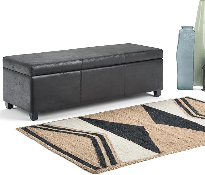 SIMPLIHOME Avalon Storage Ottoman Bench - 48" Wide x 16" High Upholstered Vegan Leather Rectangular Lift-Top Ottoman in Distressed Black, Contemporary Bench for Living Room with High-Density Foam