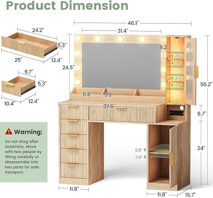 Fluted Makeup Vanity Desk with Large 31.4" Mirror and Sound Sync RGB Lights, Wood Vanity with 6 Drawers, 2 Cabinet & 3 Compartments, Charging Station, Bedroom Dressing Table, Natural Oak
