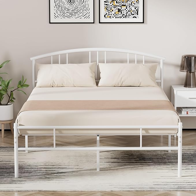 VECELO 14 inch Full Bed Frame White Beds Metal Platform Mattress Foundation with headboard Footboard Steel Slat Support/No Box Spring Needed/Easy Assembly