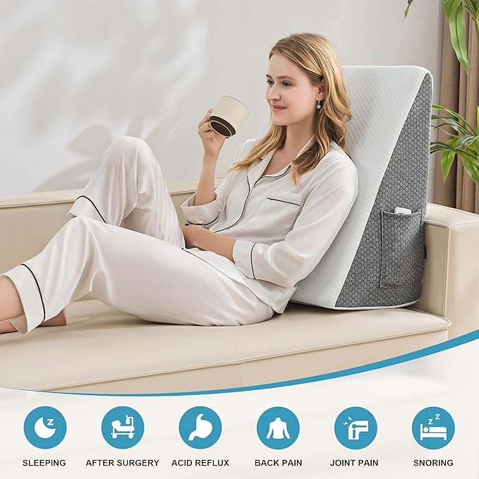 Yojoker Wedge Pillow for Sleeping - Bed Wedge for Headboard Triangle Pillow, Memory Foam Wedges for Acid Reflux, GERD, Snoring, Post Surgery Back Pain Relief, Leg Elevation(White Grey, 24*24*7.5 inch)