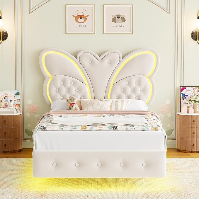 Keyluv Twin Bed Frame Butterfly-Pattern Upholstered Headboard, Modern Floating Bed with LED Lights Button Tufted on Headboard and Footboard, Slats Support No Box Spring Needed, Noise-Free, Beige