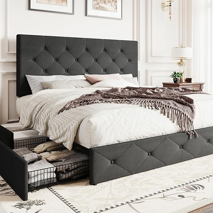 SHA CERLIN Upholstered Queen Size Platform Bed Frame with 4 Storage Drawers, Adjustable Headboard with Diamond Stitched Button Tufted Design, Wooden Slat Support, No Box Spring Needed, Dark Grey