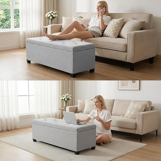 DUMOS Upholstered Storage Bench, End of Bed Ottoman, Extra Large 46.5 Gal (176L) Internal Volume, Foot Stool for Bedroom, Living Room, Sturdy Storage Chest, Light Grey, 43.3" L x 15.7" W x 15.7" H