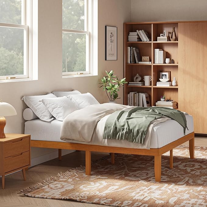 DUMOS Queen Solid Bed Frame Wood 16 Inches, Sturdy Platform Bed with Heavy Duty Wood Slat Support, No Box Spring Needed, Easy Assembly, Natural Pine