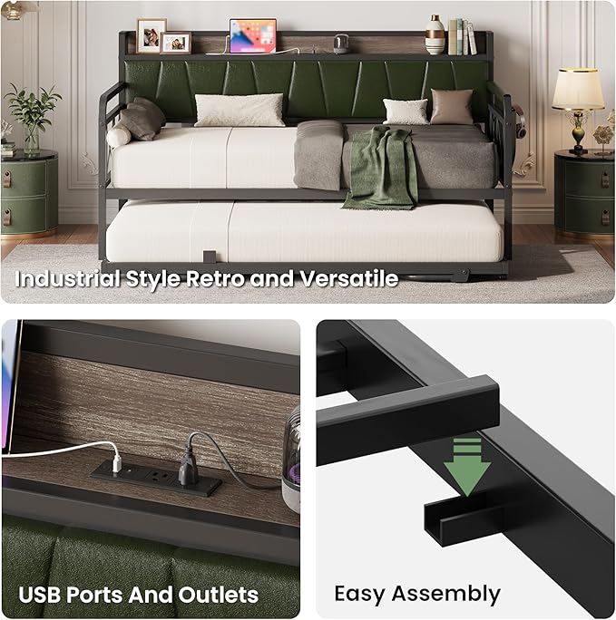 LIKIMIO Twin XL Daybed, Day Bed with Trundle, Storage Upholstered Headboard and Charging Station, Trundle Bed with Strong Supports for Living Room, Bedroom, and Guest Room, Green
