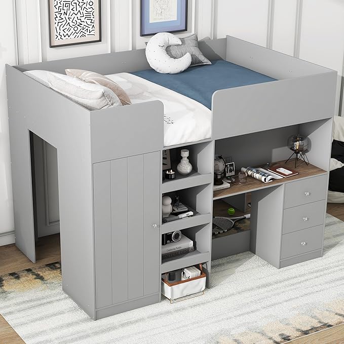 Harper & Bright Designs Full Size Loft Bed with Desk, Wood Full Loft Bed Frame with Built-in Wardrobe, Storage Shelves and Drawers, Gray