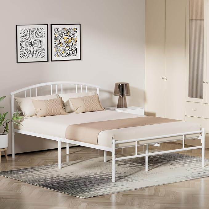 VECELO 14 inch Full Bed Frame White Beds Metal Platform Mattress Foundation with headboard Footboard Steel Slat Support/No Box Spring Needed/Easy Assembly