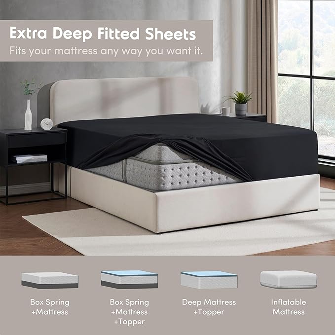 Nestl 2 Pack Black Fitted Sheet Extra Deep Pocket, Hotel Luxury Cal King Fitted Sheet Only Easily Fits 18 to 24 Inch Mattress, Super Soft, Wrinkle-Free and Breathable with Corner Straps