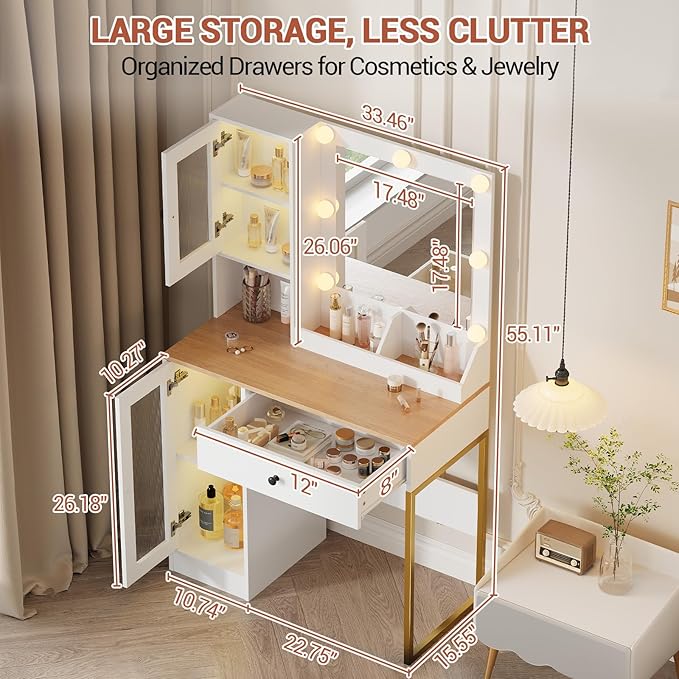 IDEALHOUSE Makeup Vanity Desk with Mirror and Lights, Vanity Table with Charging Station, 2 Open Compartments, 2 Acrylic-Door Cabinets, and RGB Lights Wood Dressing Table for Bedroom