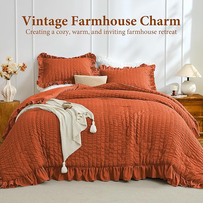 JOLLYVOGUE King Comforter Set, 3 Pieces Seersucker Comforters King Size, Lightweight & Fluffy Bedding Sets King for All Season with 1 Ruffle Comforter and 2 Ruffle Pillowshams, Burnt Orange