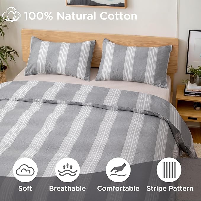 TOCOMOA Striped Duvet Cover Set 100% Natural Cotton Soft Comfy Breathable 3 Piece Light Grey and White Pattern Printed Comforter Cover Bedding Set (King 104"x90", Comforter Not Included)