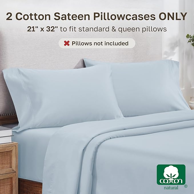 California Design Den Pillowcases Queen Size Set of 2 - Luxuriously Soft and Thick 800 Thread Count, Smooth Sateen, Natural 100% Cotton Pillowcases Standard/Queen, Durable - Blue (Grey Tone)