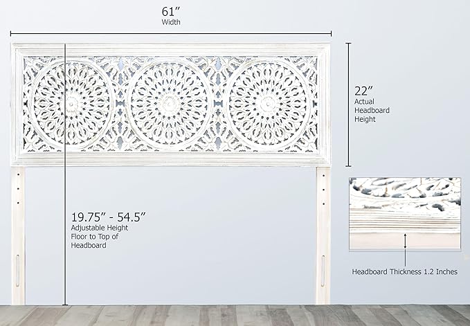 COTTON CRAFT Solid Wood Sturdy Queen Headboard - Compatible with All Bed Frames - Intricate Hand Carved Medallion Motif - Bohemian Transitional - Beautiful for Any Bedroom - Rustic Whitewash