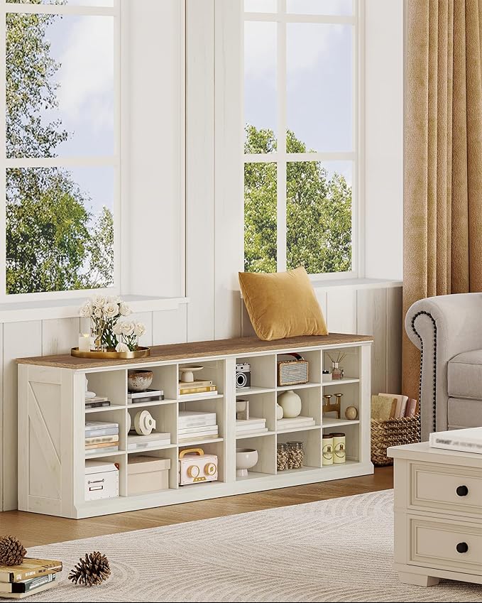 Hzuaneri Farmhouse Shoe Storage Bench, Entryway Shoe Cubby Bench, Widened Wooden Shoes Cubbies with Compartments, Shoes Rack Benchs for Cloakroom, Entryway, Antique White SB54514X